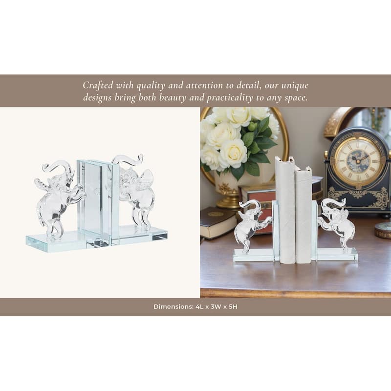 Set of 2 Clear Frosted Elephant Bookends - Contemporary Crystal 5" Standing Elephant Bookends For Home or Office Book
