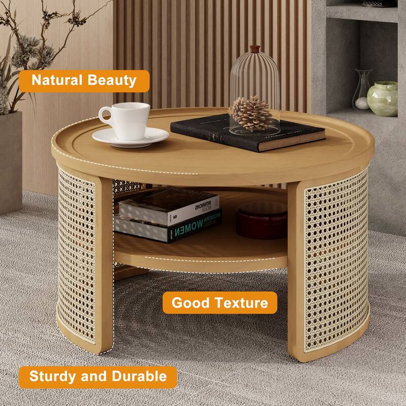 Roomfitters Round Natural Wood Coffee Table, 2-Tier Design with Rattan Base and Storage Shelf, 31-Inch Living Room Center Table