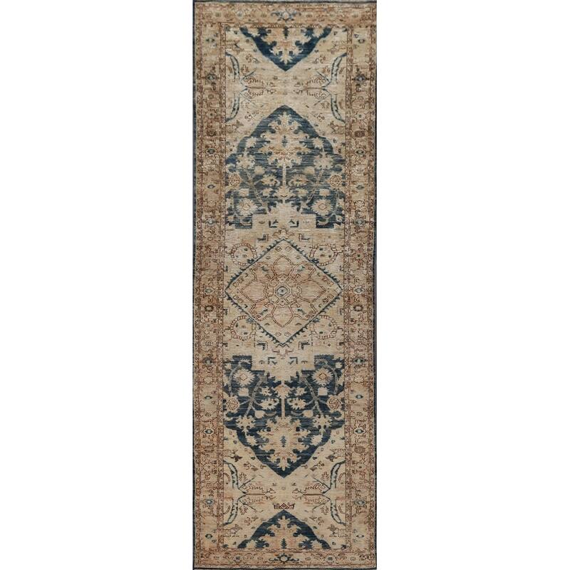 Hand Knotted Oriental 100% Wool Carpet Transitional All-Over Beige & Ivories Oushak Runner Rug - 11' 7'' X 2' 10''