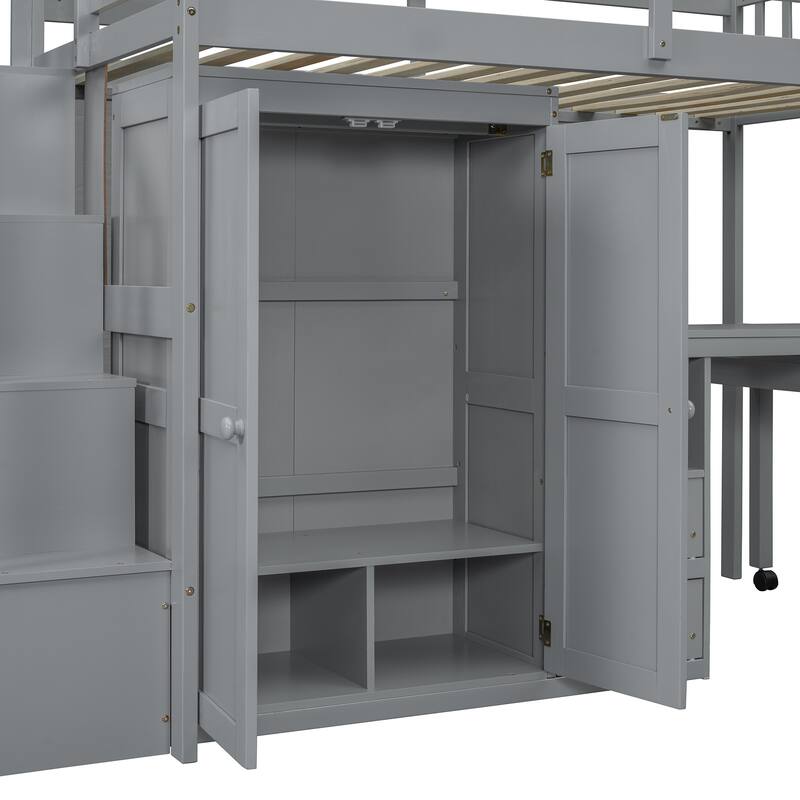 Space-Saving Loft Bed with Shelves Wardrobe, Movable table & Side Desk, Wooden Twin Bed Frmae wiht Storage Stairs & Two Drawers