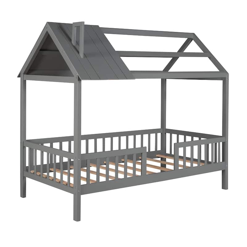 Twin Size House Bed with Fence, Semi-enclosed Play Platform Bed with Roof and Chimney Decoration, for Kids Bedroom