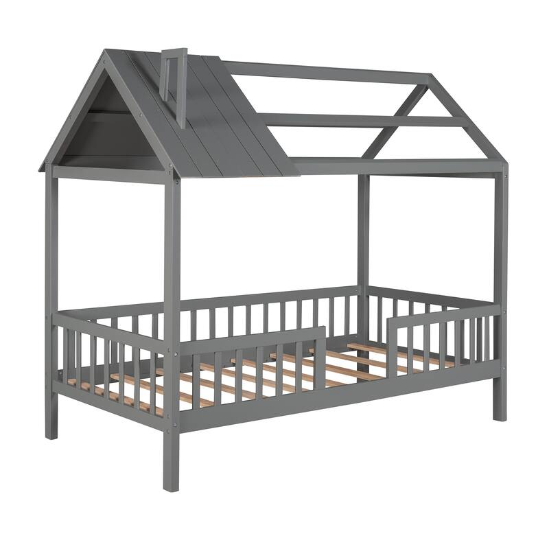 Twin Wood House Bed with Fence and Roof, Playhouse Design, Sturdy Frame, No Box Spring Required