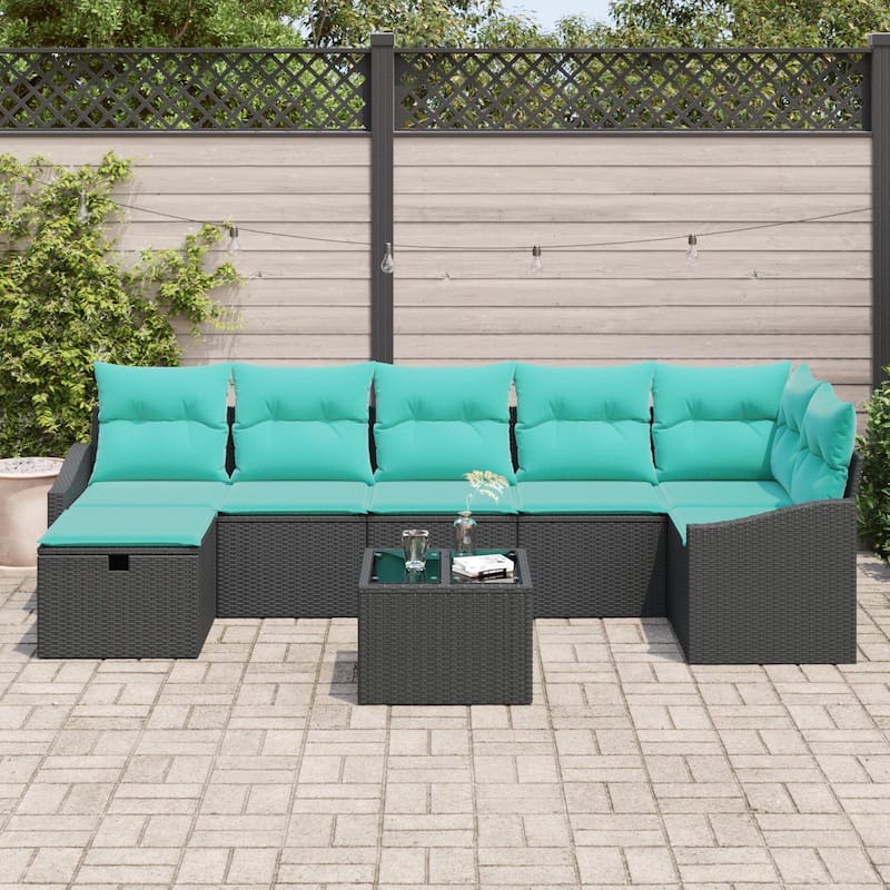 vidaXL 7/8 Garden Sofa Set with Cushions Black/Brown/Grey Poly Rattan - 113.6 x 48.6 x 27.2