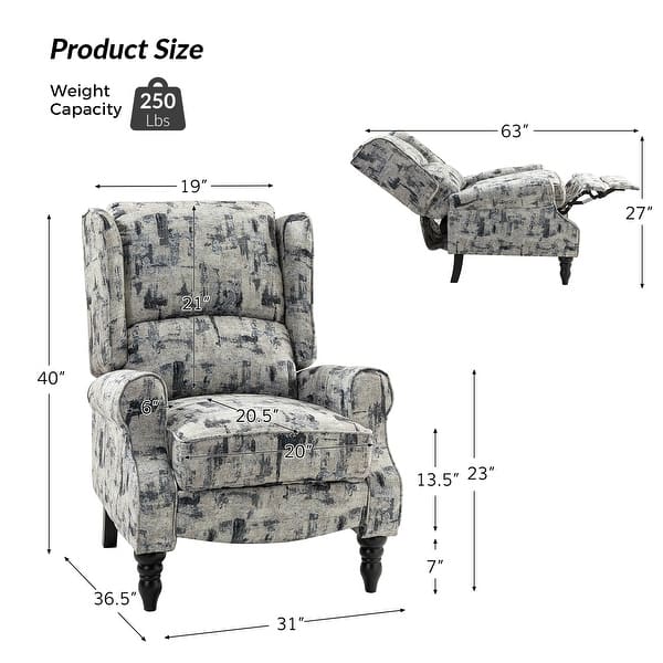 dimension image slide 8 of 11, Olympus Upholstered Classic Manual Wingback Recliner with Spindle Legs by HULALA HOME