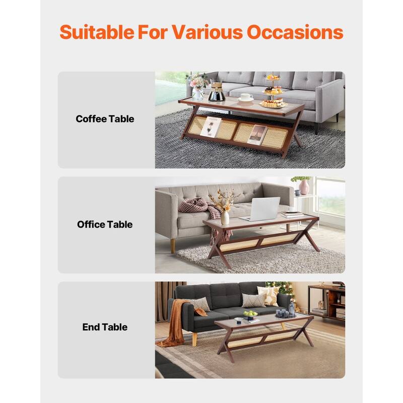 47-Inch Z-Shaped Rattan Woven Coffee End Table with Removable Glass Top Suitable for Any Small Space - 47.2” x 22” x 17.1”