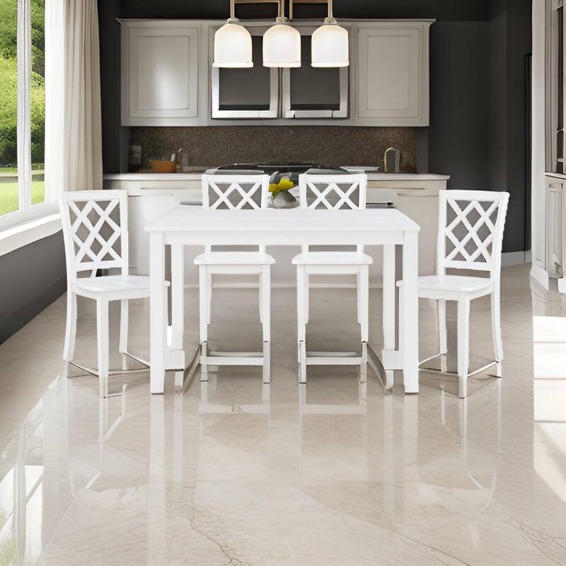 Oria 5 Piece Dining Set with Table, 4 Lattice Back Chairs, White Solid Wood