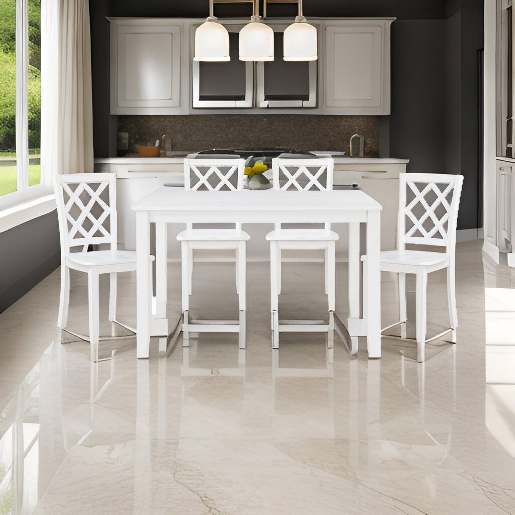 Oria 5 Piece Dining Set with Table, 4 Lattice Back Chairs, White Solid Wood