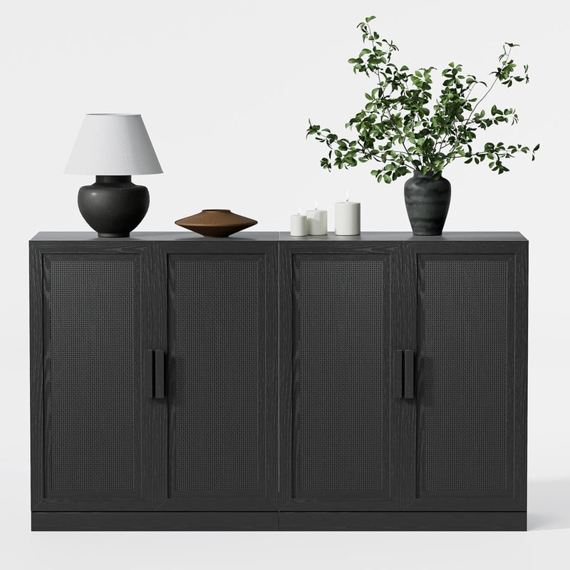 Modern Sideboard Cabinet with 4-Doors Rattan Panels Buffet Console Accent Storage Cabinet for Hallway Entryway Dining Room