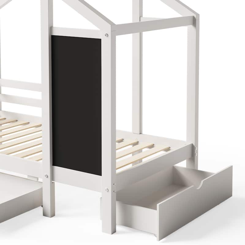 House Bed with Blackboard and Drawers, Two assembly options, White