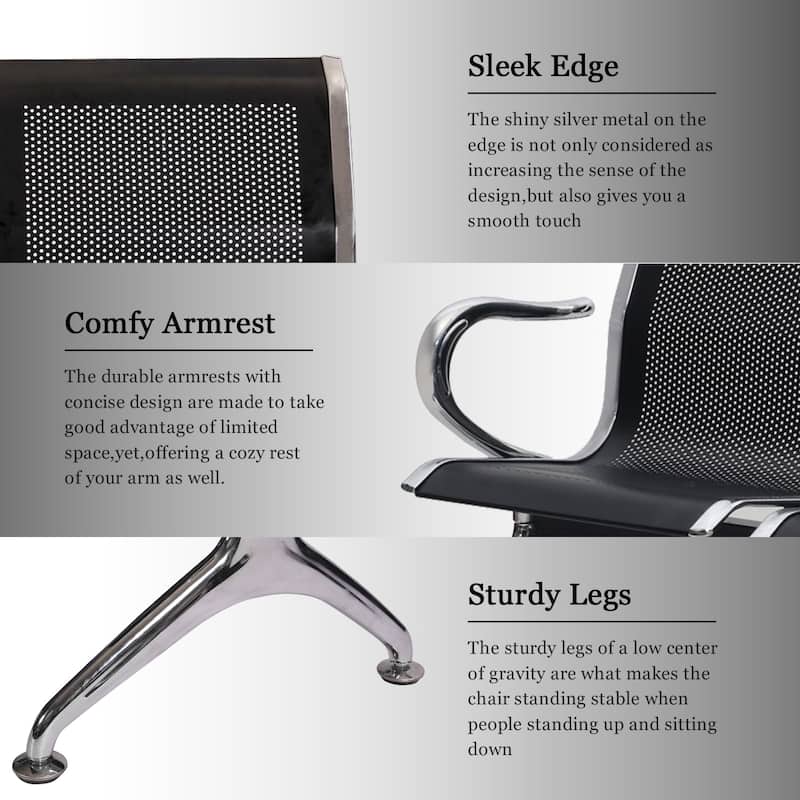 Kinbor 3-Seat Airport Reception Waiting Chair Bank Salon Barbershop Bench Guest Chair