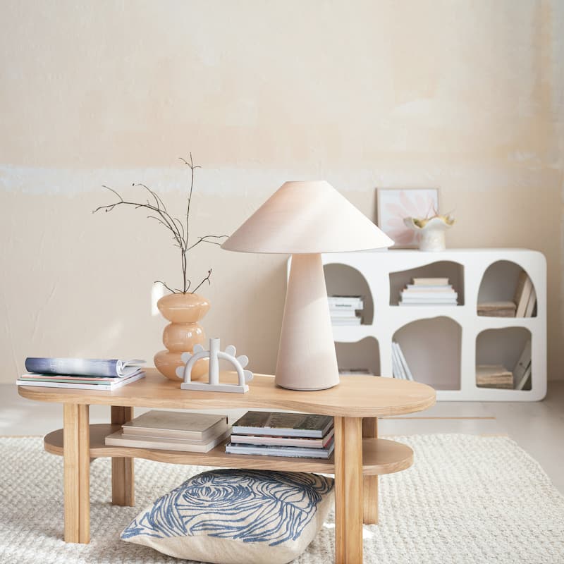 Oak Wood Veneer and Rubberwood Coffee Table with Shelf