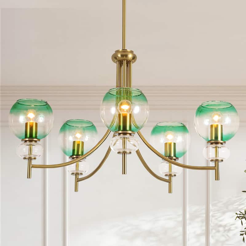 5-Light Mid-Century Modern Luxury Green Sputnik with Open/Bubble Glass Globe Shades Chandelier for Dining Room, Living Room