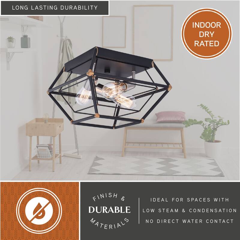 Bartlett 18-in W Bronze Industrial Cage Flush Mount Ceiling Light Fixture - 18-in. W x 8.75-in. H x 18-in. D