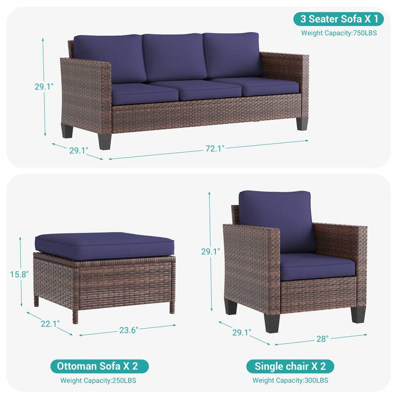 BONOSUKI 5-Piece Patio Sofa Sets Brown Rattan Outdoor Furniture Set