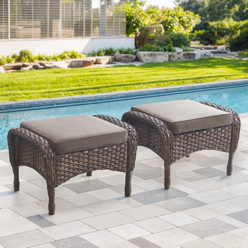 Gymojoy Versatile Outdoor Wicker Ottomans with Soft Cushions - 2-Piece - Brown Wicker / Grey Cushion