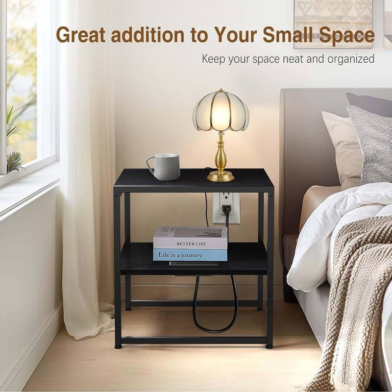 20" End Table , Industrial Square Side Table with USB Ports & Outlet