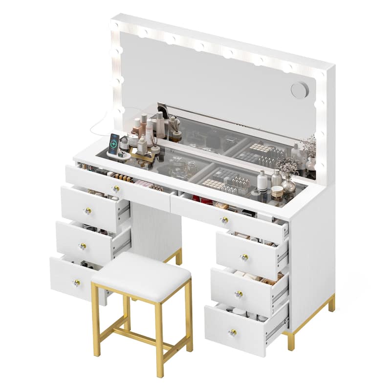 Moasis 8 Drawers Makeup Vanity Desk with Hollywood Lighted Mirror & Charging Station