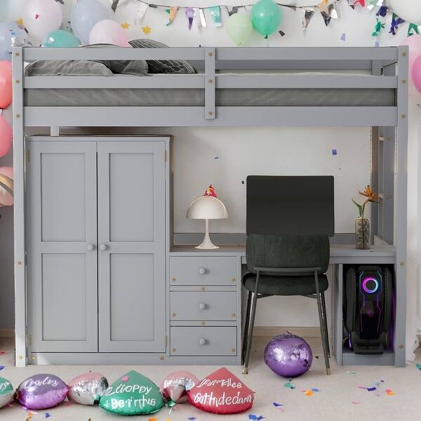 slide 2 of 18, Full Loft Bed with Wardrobe, Desk, and Drawers - Gray
