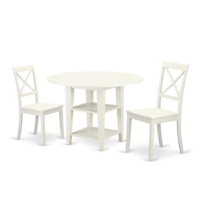 HomeStock 3-Piece Linen White Finish Round Solid Wood Top Dining Table Set