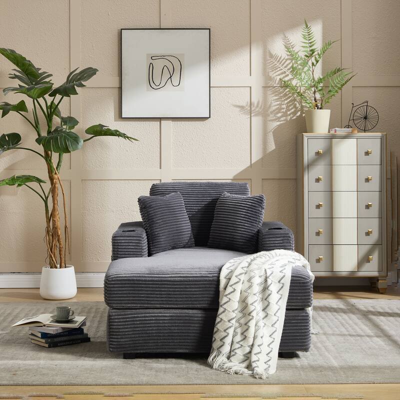 Corduroy Upholstered Chaise Lounge Sofa,Magazine bag,Detachable Cushions Deep Seat for Living Room Office