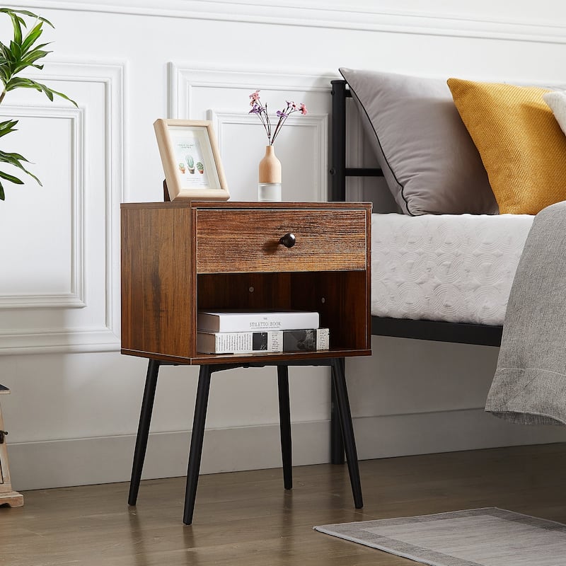 Javlergo Mid-Century Nightstand with 1-Drawer and Open Storage Shelf - Rustic Brown