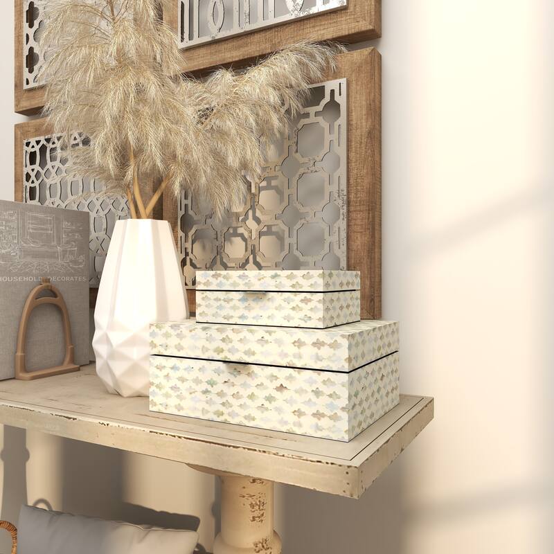 Mother of Pearl Handmade Geometric Box with Hinged Lid (Set of 2)