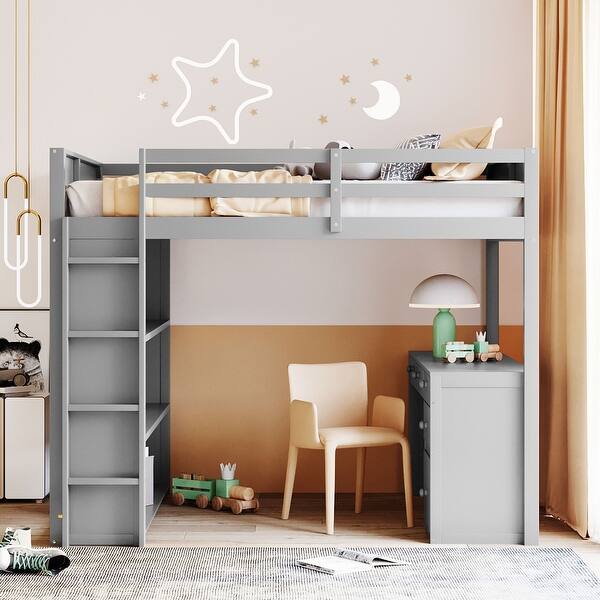 slide 2 of 22, Full Size Wood Loft Bed with Ladder, Shelves, and Desk Grey