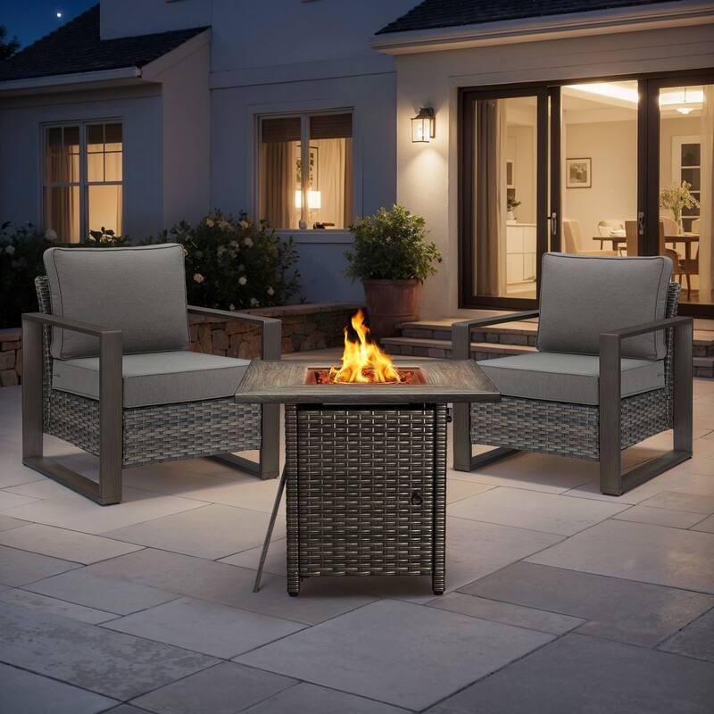 Meyreso 3-Piece Wicker Patio Conversation Set with Fire Pit & Plush 4.5" Olefin Cushions - Gray Wicker - Gray Cushions