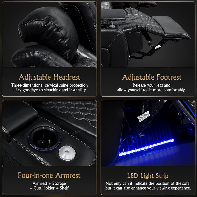 Roomfitters 86.6" Power Recliner 3-Piece Set, Top-Grain Nappa Leather, 12-Color RGB LED & USB-C Charging, Black