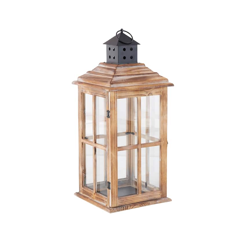 Wood Light House Decorative Candle Lantern with Black Ring Handle - Brown or Light Brown - Roche River Decor