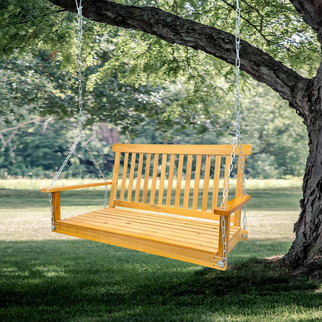Anmytek Front Porch Swing with Armrests, Wood Bench Swing with Hanging Chains,for Outdoor Patio ,Garden Yard