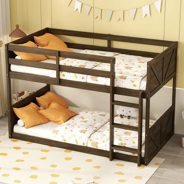 slide 2 of 23, Low Twin Over Twin Size Bed Floor Bunk Bed with Panelled Headboard Footboard, Ladder and Guardrails, Solid Rubber Wood Frame Antique Dark Oak - Twin