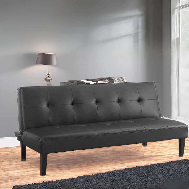 Modern Futon Sofa Bed, Convertible Couch with Wooden Legs, Recliner - Black