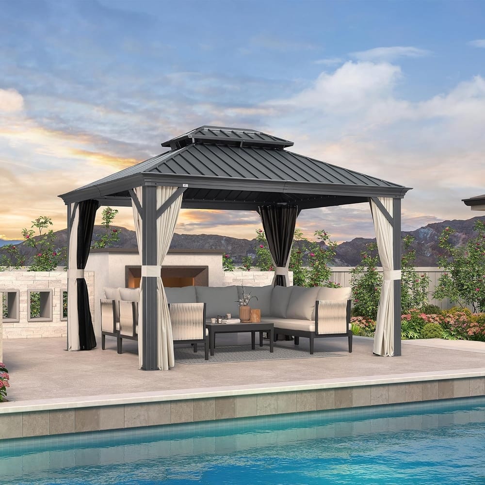 PURPLE LEAF Outdoor Galvanized Steel Hardtop Gazebo, Aluminum Frame Gazebo With Curtains