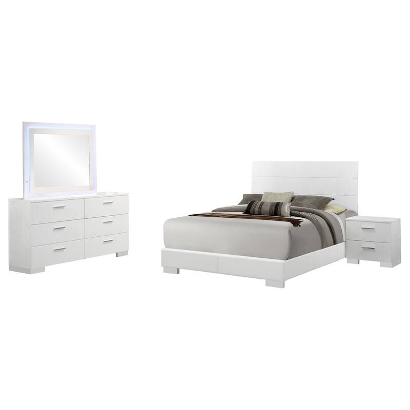 Sok 4pc Queen Bedroom Set, Blue LED Lights, Chrome Metal, White Wood