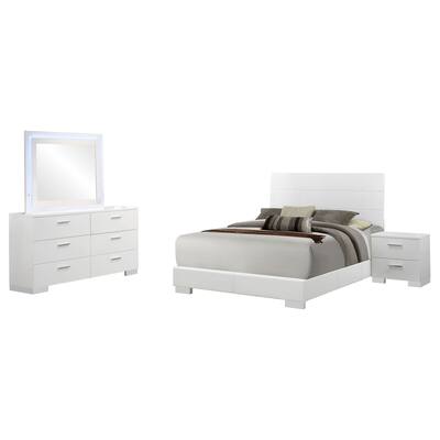 Sok 4pc Queen Bedroom Set, Blue LED Lights, Chrome Metal, White Wood