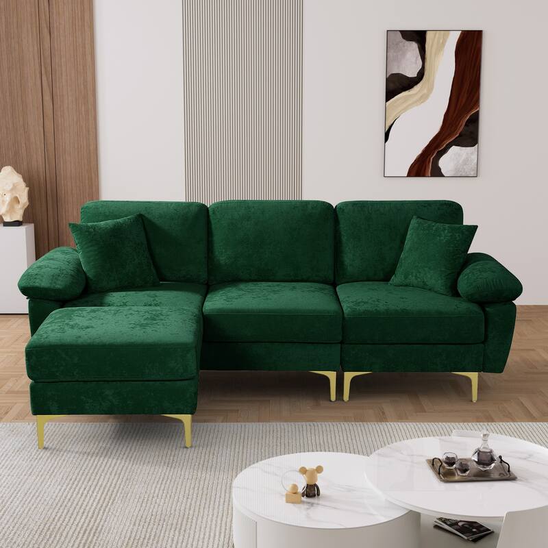 Ouyessir 2-Pieces Upholstered Velvet Sectional Sofa with 2 Pillows & Ottoman