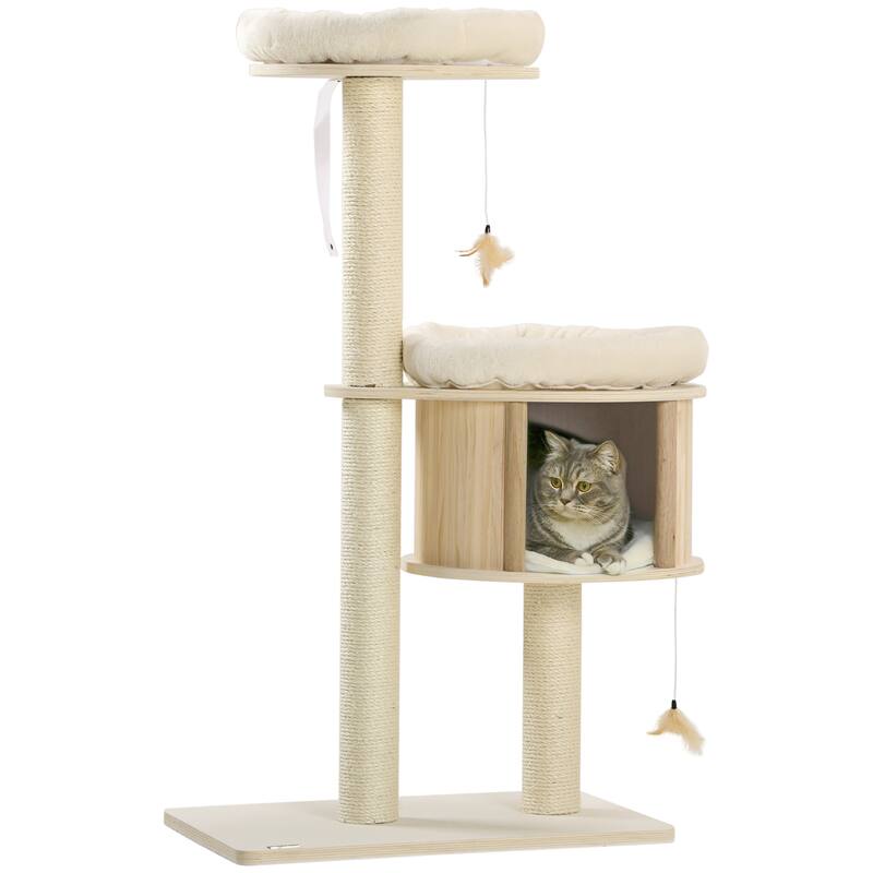 3-Level Cat Tree with Sisal Scratching Posts, Fun Cat Badminton Toy for Playing, Soft Cushions, & Play Areas - Natural - Natural