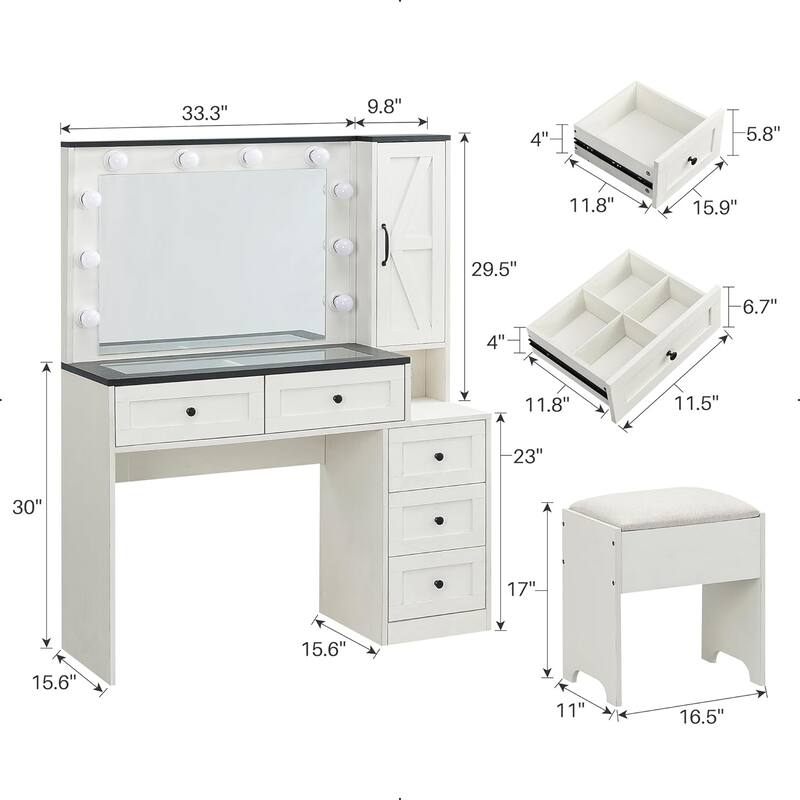 Farmhouse Vanity Makeup Desk with Charging Station, Makeup Table Set