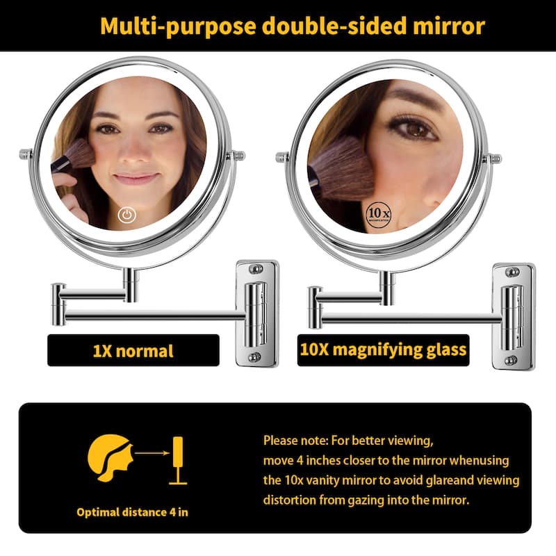 8" 3-Color LED Makeup Mirror, 1X/10X Magnifying Mirror with Touch Screen Type-C Rechargeable Bathroom Makeup Mirror