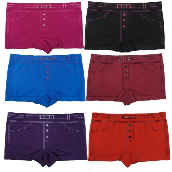 Women's 6 Pack Seamless Belt Print Rhinestones Boyshorts Panties