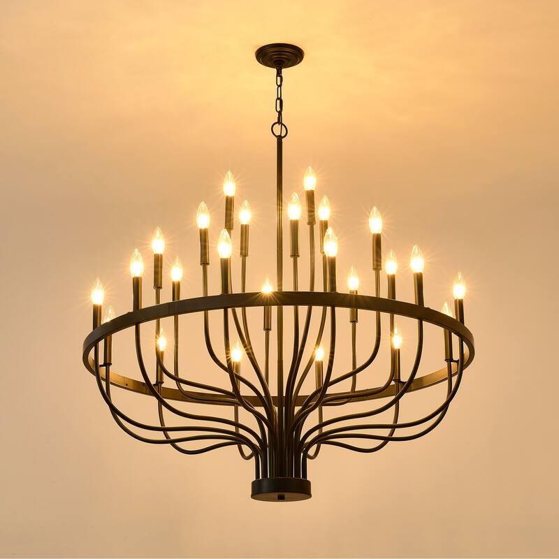 Farmhouse Suspended Pendant Light Fixture 24-Light Black Industrial Iron Candle Chandelier, for Dining Room, Living Room