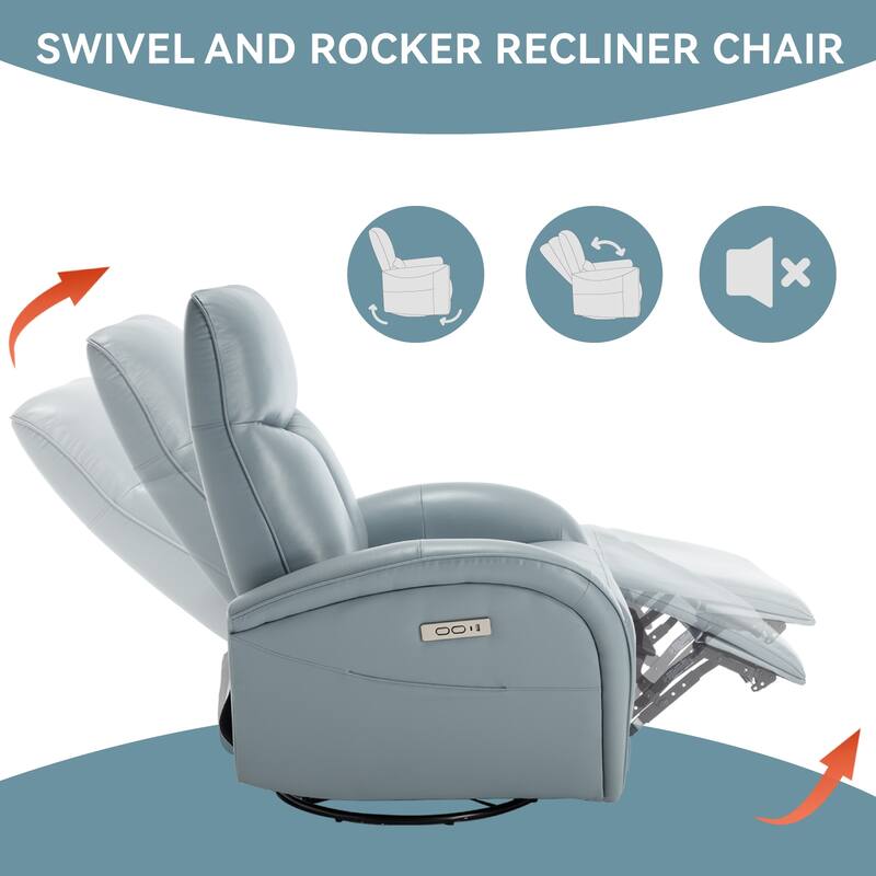 270° Genuine Leather Swivel and Rocker Power Recliner Chair for Elderly, Lving Room Single Sofa w/Lumbar Support & Rolled Arms