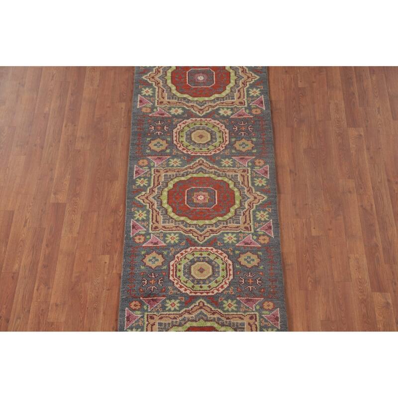 Geometric Grey Kazak Runner Rug Hand-Knotted Wool Carpet - 2'6"x 7'9"