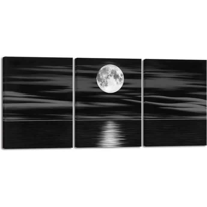 Sea White Full Moon in Night Canvas Print Wall Art