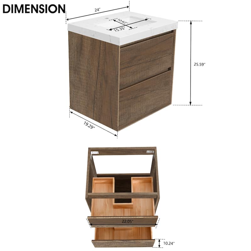 24"30"36"48"60"72" Floating Bathroom Vanity Engineered Stone Top with Rectangular Ceramic Undermount Sink