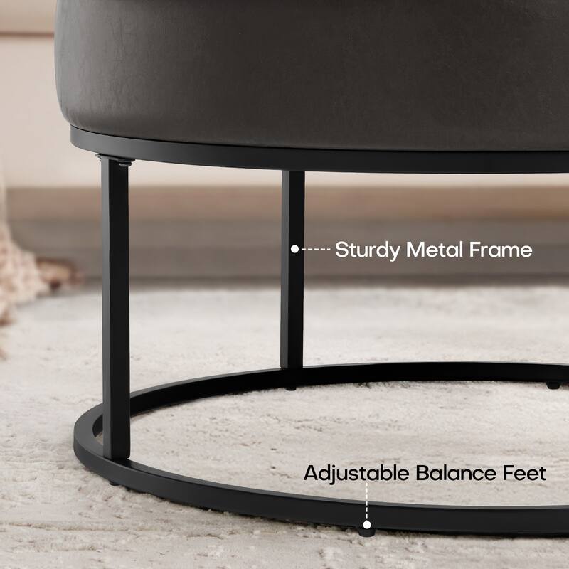 Faux Leather Round Ottoman for Living Room with Metal Legs