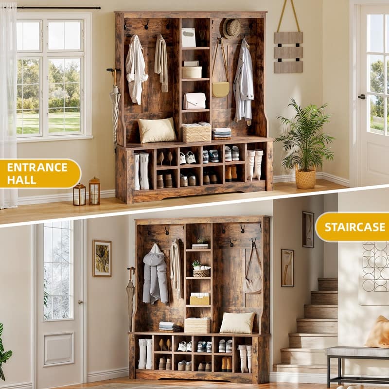 Moasis Farmhouse Hall Tree with Bench and Shoe Storage with 10 Hooks for Entryway