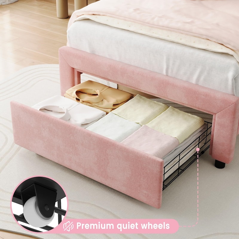 Twin Platform Bed, with LED Light and Adjustable Headboard，With Drawer