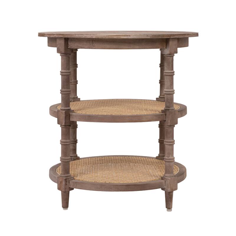 Round Mango Wood Table with 2 Cane Shelves
